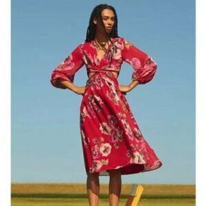 NWT ANTHROPOLOGIE RANNA GILL Red Motif Floral Cut-Out Midi Dress